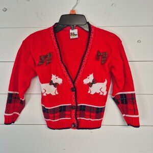 Vintage Hot Fudge Red Knit Cardigan With Plaid Scottie Dog & Bow Design Kids
